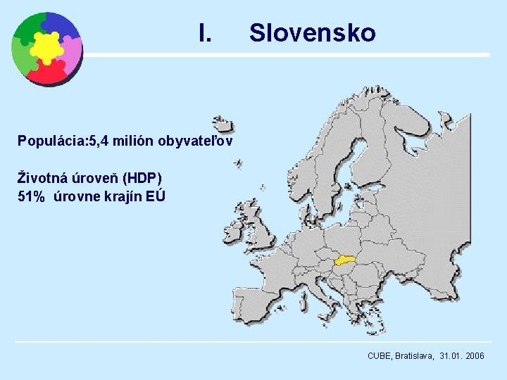 I. Slovensko Populácia: 5, 4 milión obyvateľov Životná úroveň (HDP) 51% úrovne krajín EÚ