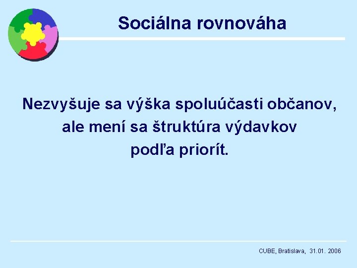 Sociálna rovnováha Nezvyšuje sa výška spoluúčasti občanov, ale mení sa štruktúra výdavkov podľa priorít.