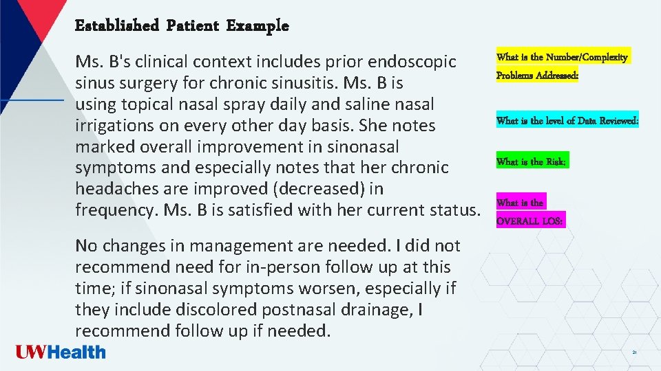 Established Patient Example Ms. B's clinical context includes prior endoscopic sinus surgery for chronic