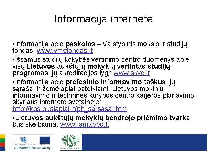 Informacija internete • Informacija apie paskolas – Valstybinis mokslo ir studijų fondas: www. vmsfondas.