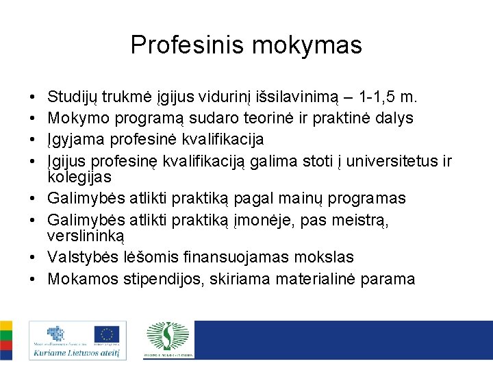 Profesinis mokymas • • Studijų trukmė įgijus vidurinį išsilavinimą – 1 -1, 5 m.