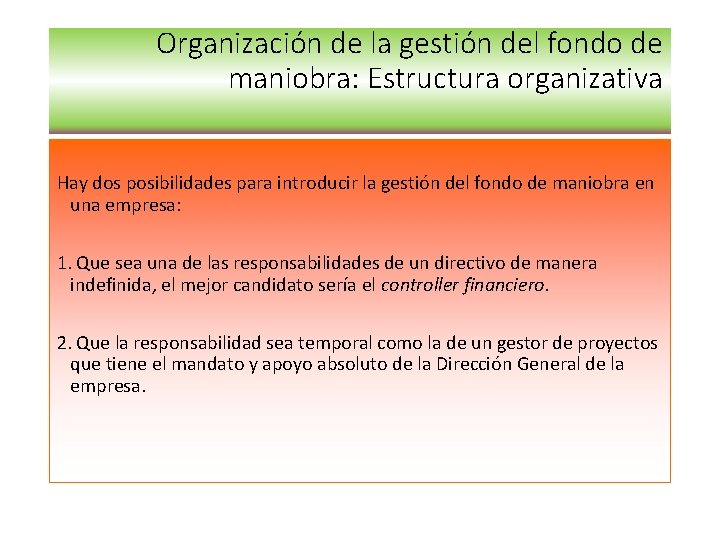 Organización de la gestión del fondo de maniobra: Estructura organizativa Hay dos posibilidades para