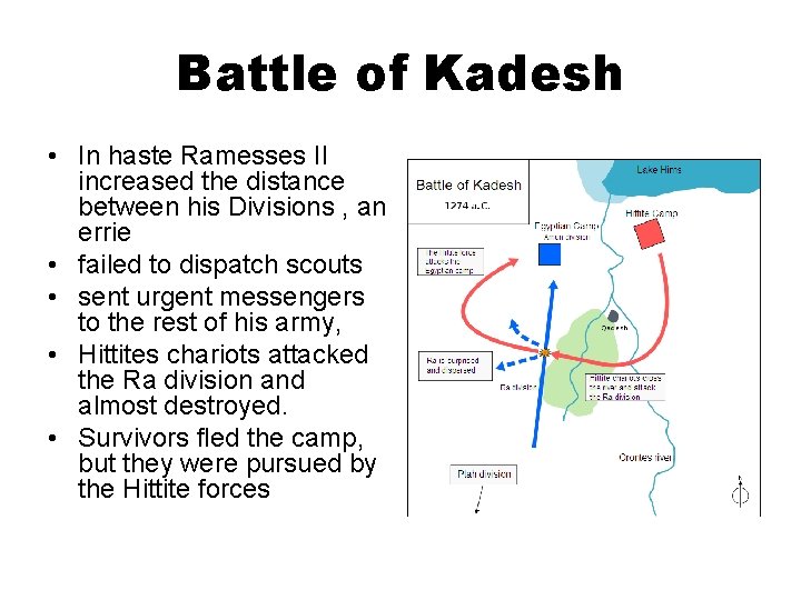 Battle of Kadesh • In haste Ramesses II increased the distance between his Divisions