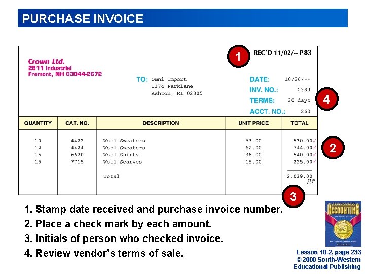 PURCHASE INVOICE 1 4 2 1. Stamp date received and purchase invoice number. 2.