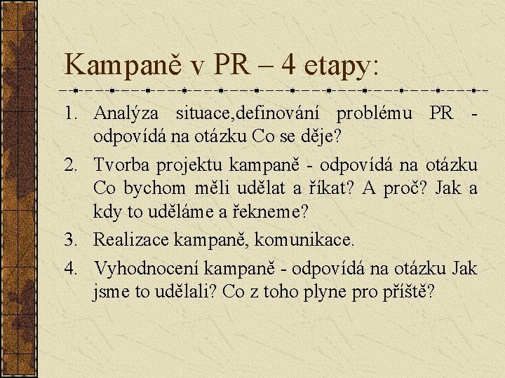 Kampaně v PR – 4 etapy: 1. Analýza situace, definování problému PR odpovídá na