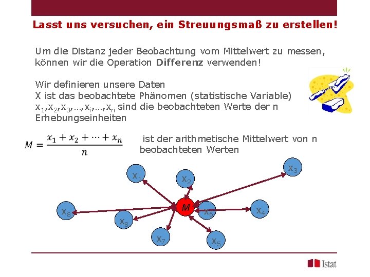 Lasst uns versuchen, ein Streuungsmaß zu erstellen! Um die Distanz jeder Beobachtung vom Mittelwert