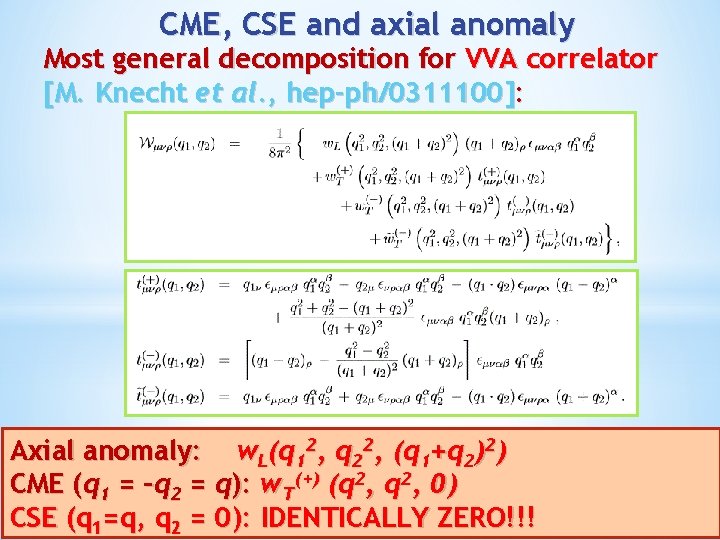 CME, CSE and axial anomaly Most general decomposition for VVA correlator [M. Knecht et