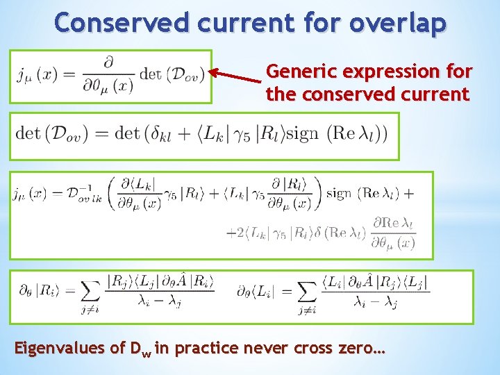Conserved current for overlap Generic expression for the conserved current Eigenvalues of Dw in