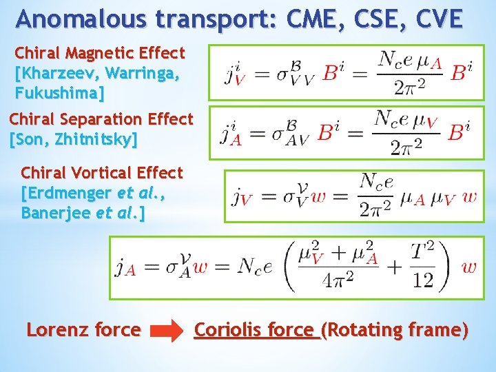 Anomalous transport: CME, CSE, CVE Chiral Magnetic Effect [Kharzeev, Warringa, Fukushima] Chiral Separation Effect