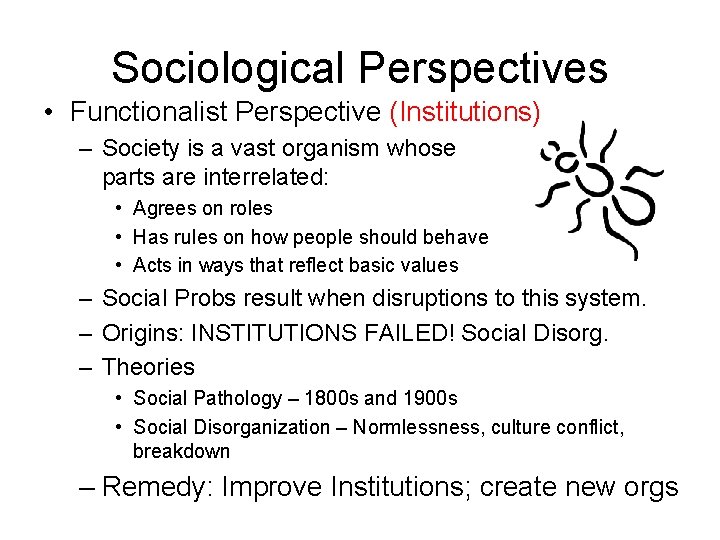 Sociological Perspectives • Functionalist Perspective (Institutions) – Society is a vast organism whose parts