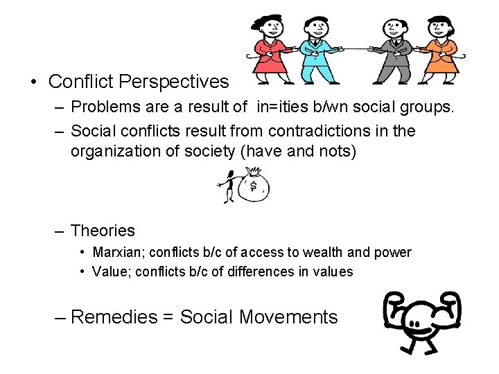  • Conflict Perspectives – Problems are a result of in=ities b/wn social groups.
