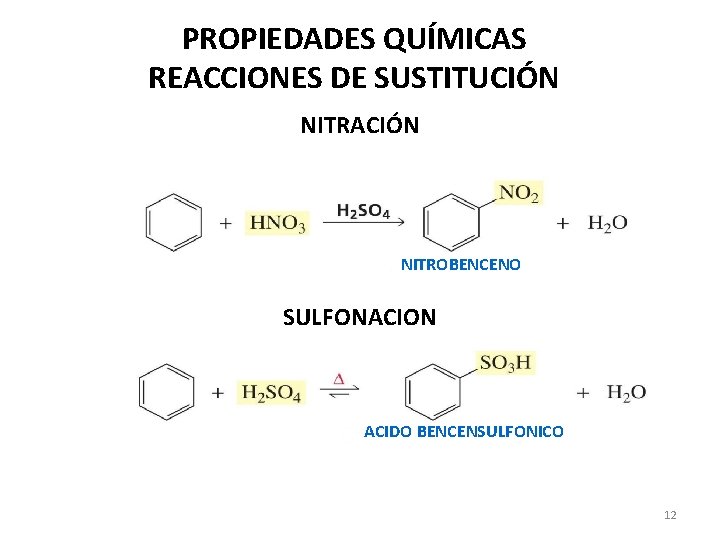 PROPIEDADES QUÍMICAS REACCIONES DE SUSTITUCIÓN NITRACIÓN NITROBENCENO SULFONACION ACIDO BENCENSULFONICO 12 