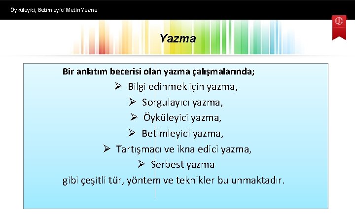 Öyküleyici, Betimleyici Metin Yazma Bir anlatım becerisi olan yazma çalışmalarında; Ø Bilgi edinmek için