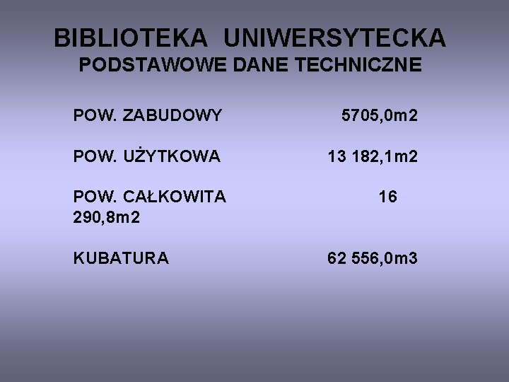 BIBLIOTEKA UNIWERSYTECKA PODSTAWOWE DANE TECHNICZNE POW. ZABUDOWY 5705, 0 m 2 POW. UŻYTKOWA 13