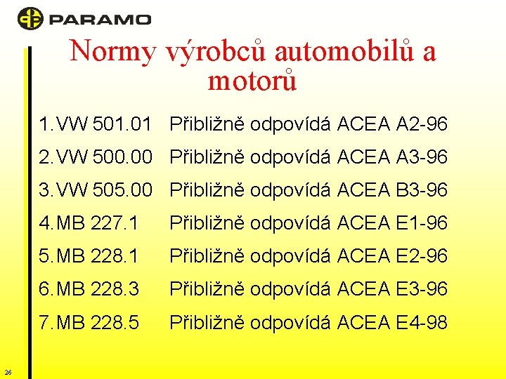 Normy výrobců automobilů a motorů 1. VW 501. 01 Přibližně odpovídá ACEA A 2