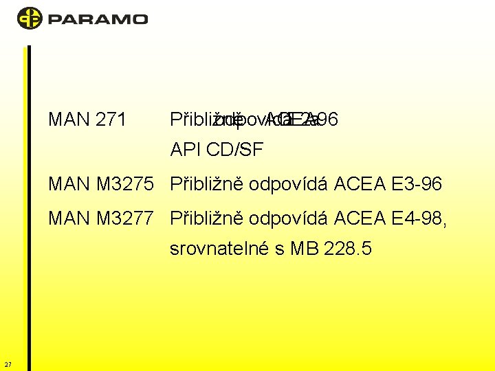 MAN 271 Přibližně odpovídá ACEA E 2 -96 a API CD/SF MAN M 3275