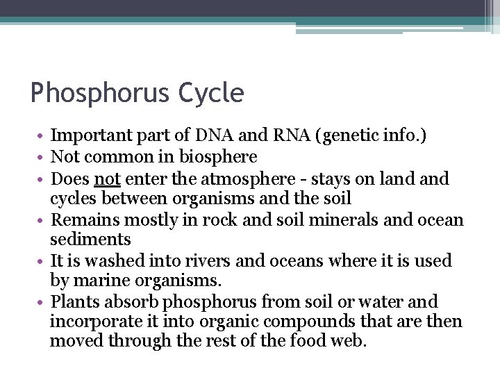 Phosphorus Cycle • Important part of DNA and RNA (genetic info. ) • Not