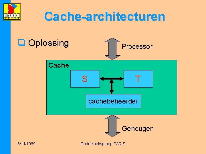 Cache-architecturen q Oplossing Processor Cache S T cachebeheerder Geheugen 8/11/1999 Onderzoeksgroep PARIS 