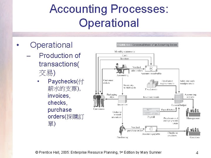 Accounting Processes: Operational • Operational – Production of transactions( 交易) • Paychecks(付 薪水的支票), invoices,