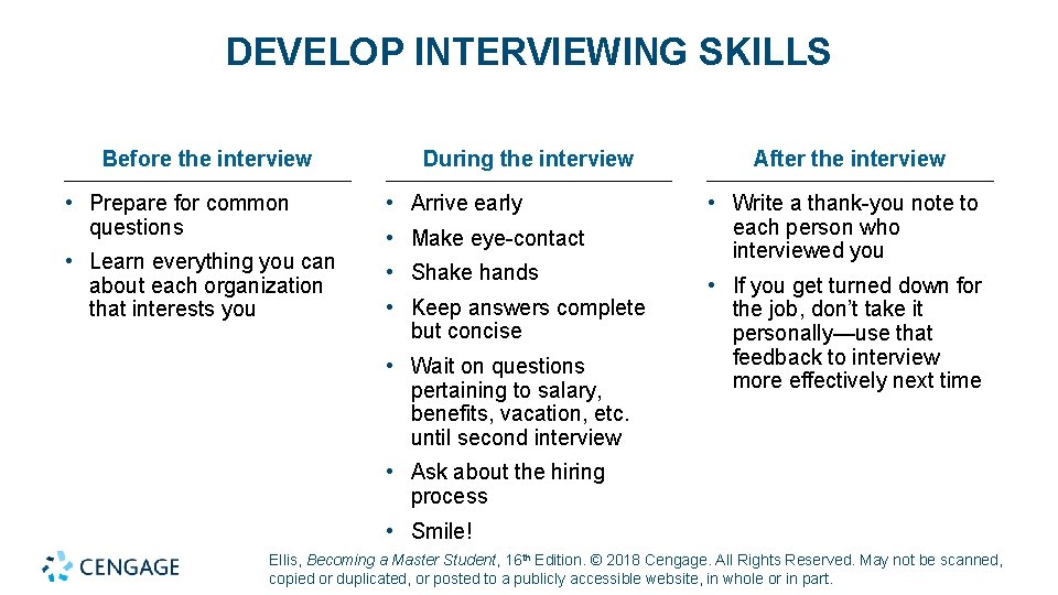 DEVELOP INTERVIEWING SKILLS Before the interview During the interview • Prepare for common questions