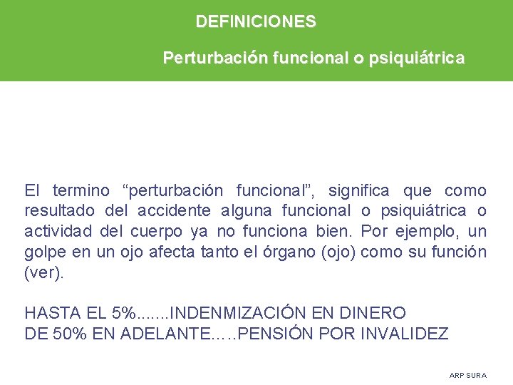 DEFINICIONES Perturbación funcional o psiquiátrica El termino “perturbación funcional”, significa que como resultado del