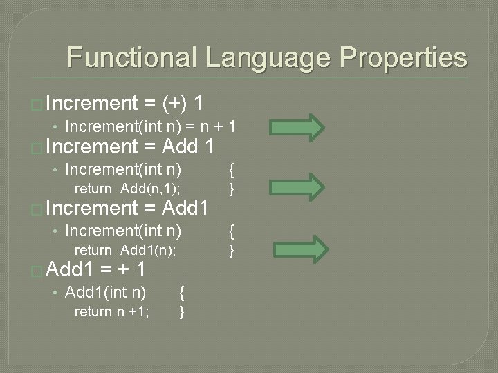 Functional Language Properties � Increment = (+) 1 • Increment(int n) = n +