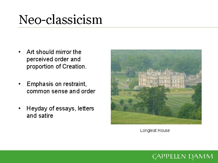 Neo-classicism • Art should mirror the perceived order and proportion of Creation. • Emphasis