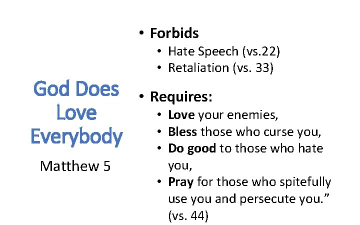  • Forbids God Does Love Everybody Matthew 5 • Hate Speech (vs. 22)