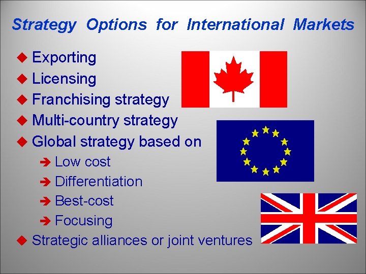 Strategy Options for International Markets u Exporting u Licensing u Franchising strategy u Multi-country