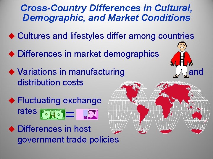 Cross-Country Differences in Cultural, Demographic, and Market Conditions u Cultures and lifestyles differ among