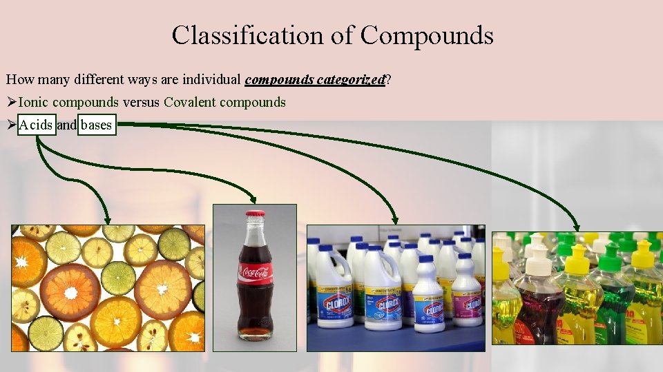 Classification of Compounds How many different ways are individual compounds categorized? Ø Ionic compounds