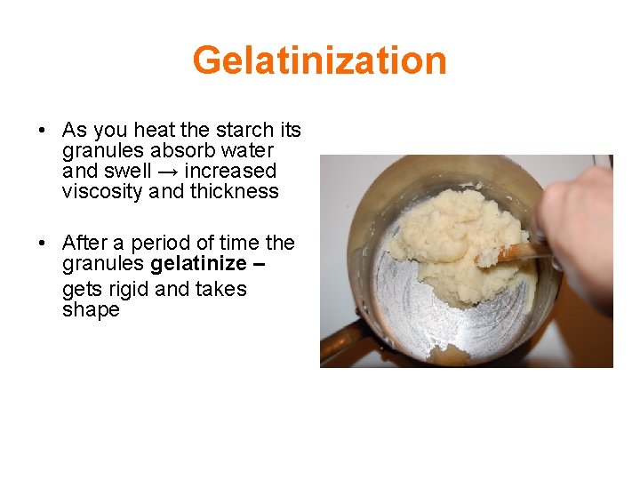 Gelatinization • As you heat the starch its granules absorb water and swell →