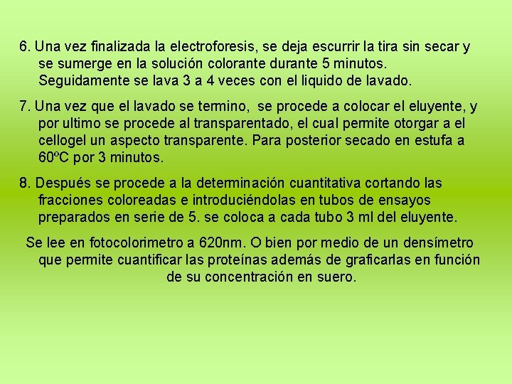 6. Una vez finalizada la electroforesis, se deja escurrir la tira sin secar y