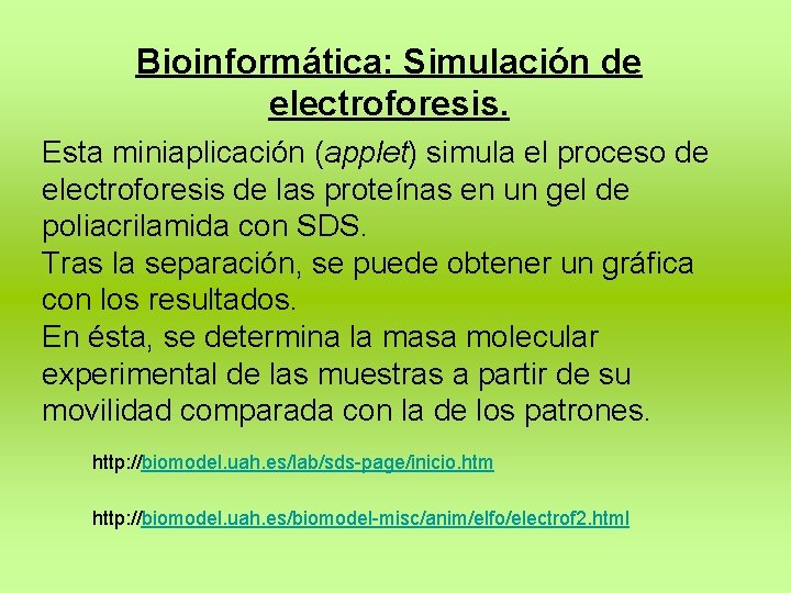 Bioinformática: Simulación de electroforesis. Esta miniaplicación (applet) simula el proceso de electroforesis de las