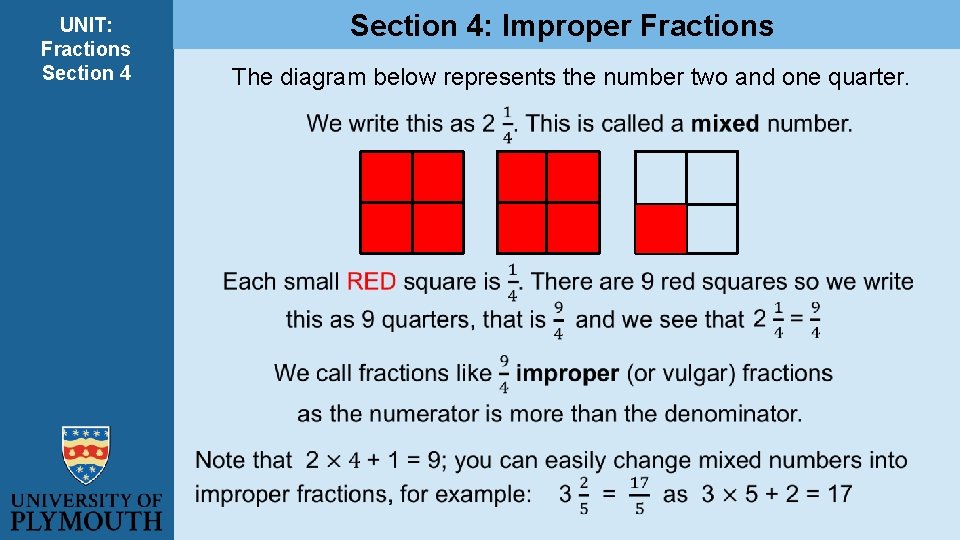 UNIT: Fractions Section 4: Improper Fractions The diagram below represents the number two and UNIT: Fractions Section 4: Improper Fractions The diagram below represents the number two and