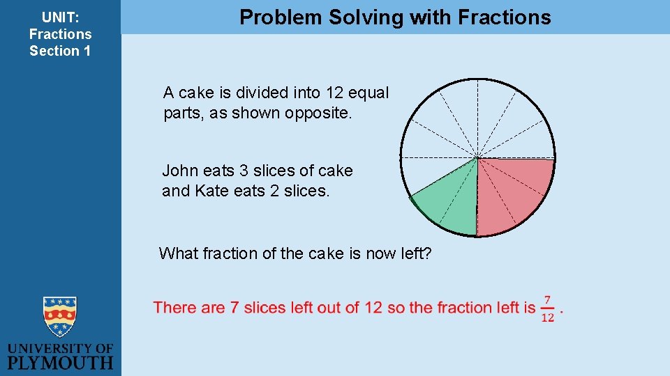 UNIT: Fractions Section 1 Problem Solving with Fractions A cake is divided into 12 UNIT: Fractions Section 1 Problem Solving with Fractions A cake is divided into 12
