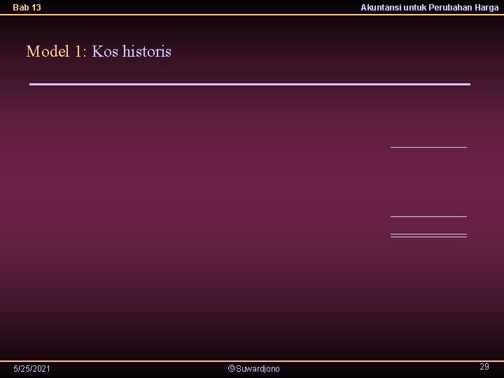 Bab 13 Akuntansi untuk Perubahan Harga Model 1: Kos historis 5/25/2021 Suwardjono 29 