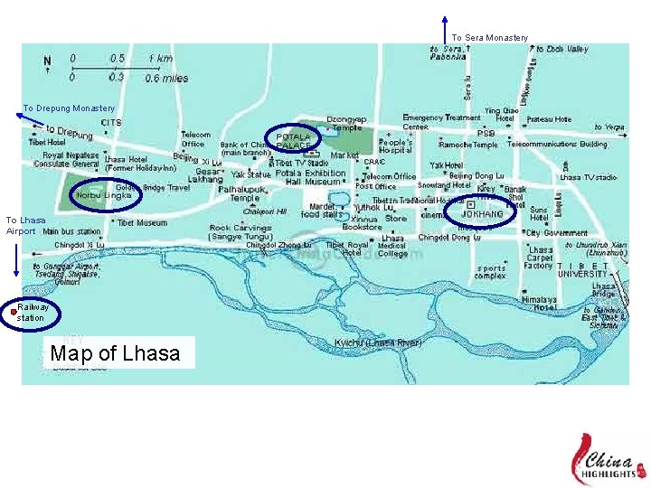To Sera Monastery To Drepung Monastery To Lhasa Airport Railway station Map of Lhasa