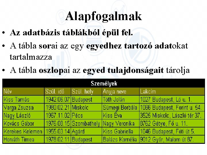 Alapfogalmak • Az adatbázis táblákból épül fel. • A tábla sorai az egyedhez tartozó