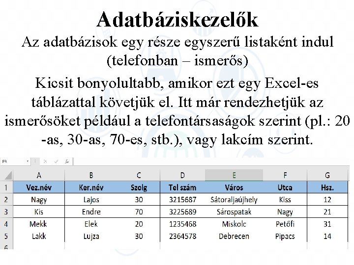 Adatbáziskezelők Az adatbázisok egy része egyszerű listaként indul (telefonban – ismerős) Kicsit bonyolultabb, amikor