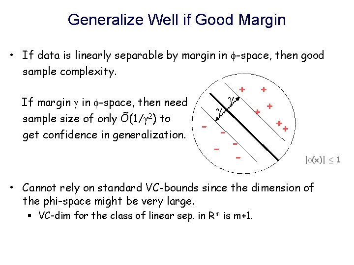 Generalize Well if Good Margin • If data is linearly separable by margin in