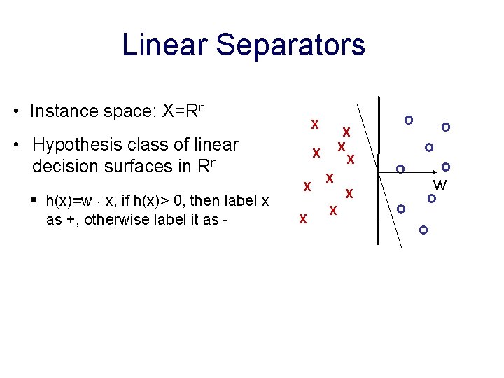 Linear Separators • Instance space: X=Rn X • Hypothesis class of linear decision surfaces