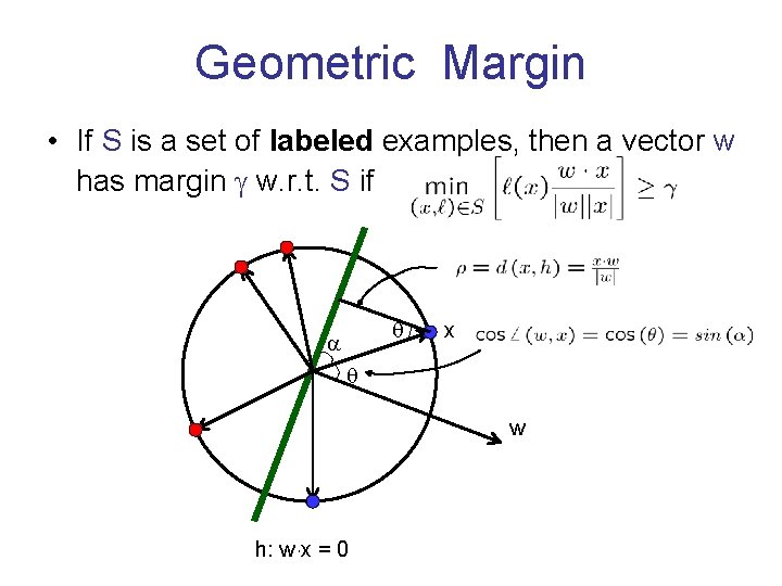 Geometric Margin • If S is a set of labeled examples, then a vector