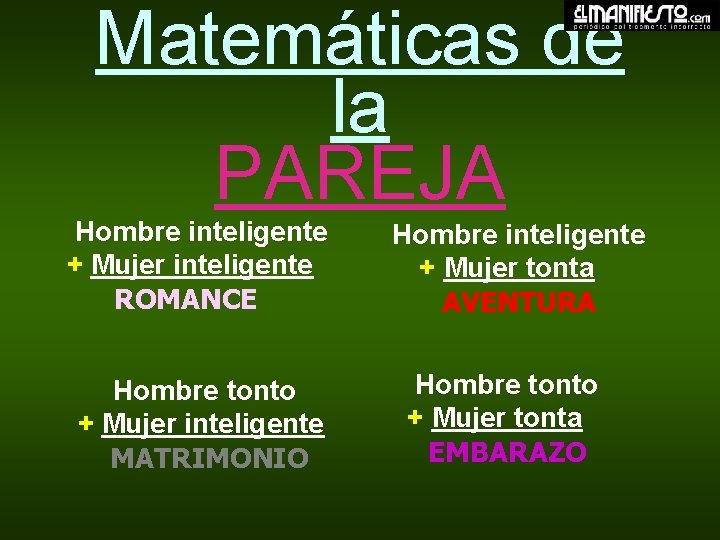 Matemáticas de la PAREJA Hombre inteligente + Mujer inteligente ROMANCE Hombre tonto + Mujer