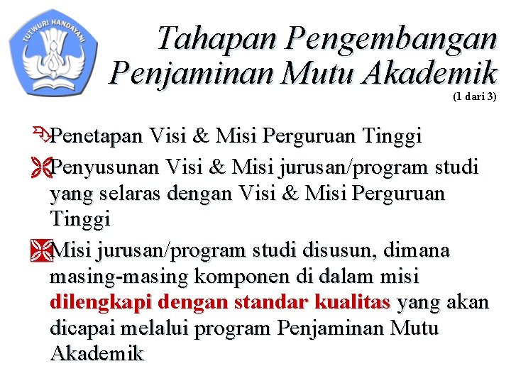 Tahapan Pengembangan Penjaminan Mutu Akademik (1 dari 3) Penetapan Visi & Misi Perguruan Tinggi