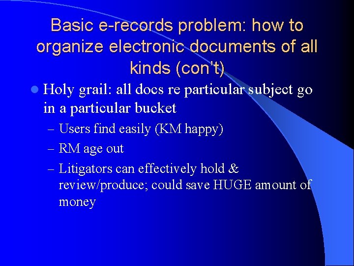 Basic e-records problem: how to organize electronic documents of all kinds (con’t) l Holy