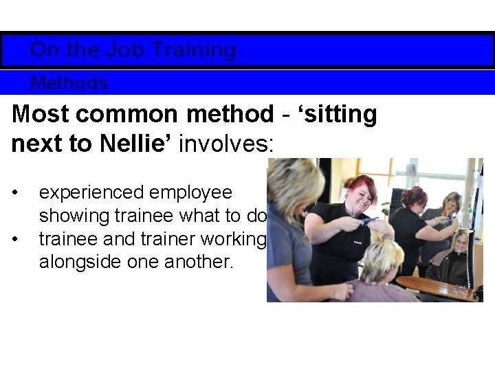 On the Job Training Methods Most common method - ‘sitting next to Nellie’ involves:
