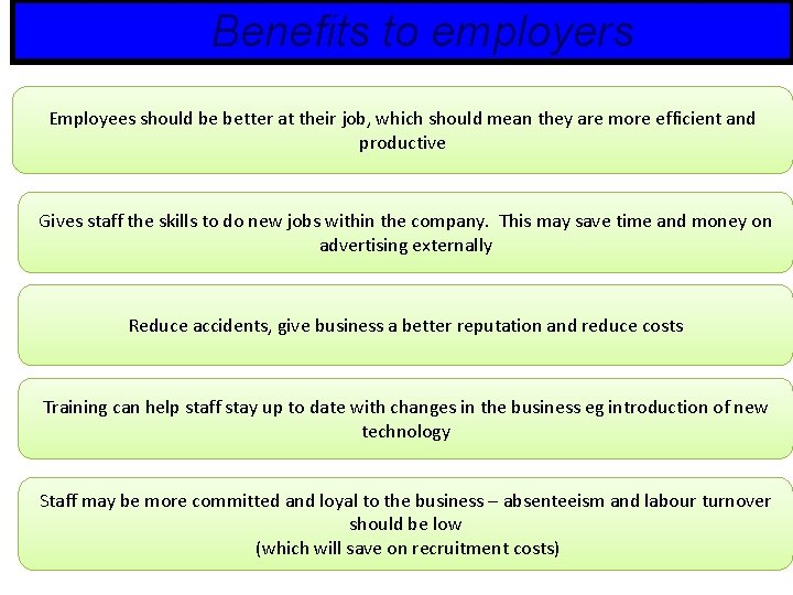 Benefits to employers Employees should be better at their job, which should mean they