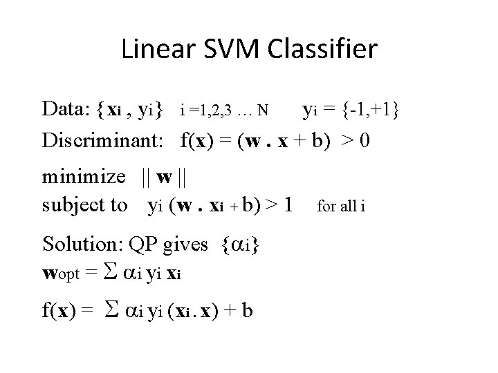 Linear SVM Classifier Data: {xi , yi} i =1, 2, 3 … N yi