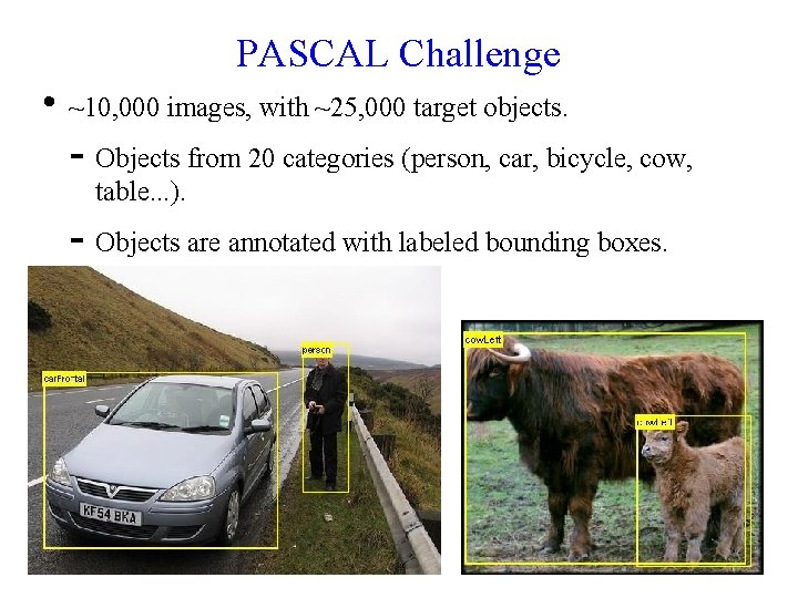 PASCAL Challenge • ~10, 000 images, with ~25, 000 target objects. - Objects from